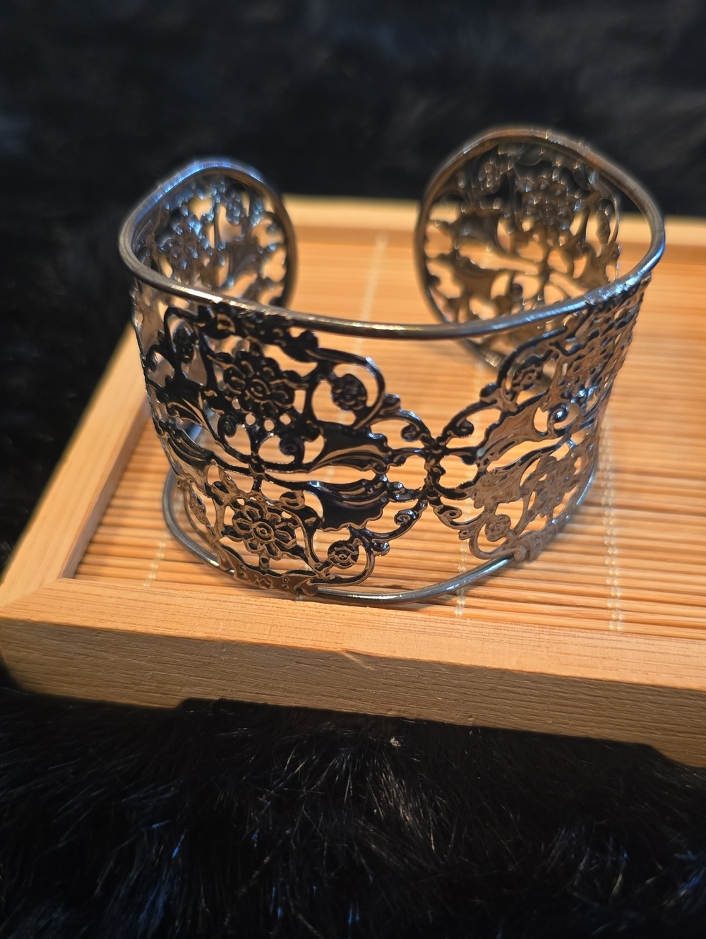 Intricate Filigree Open Cuff Bracelet - Silver